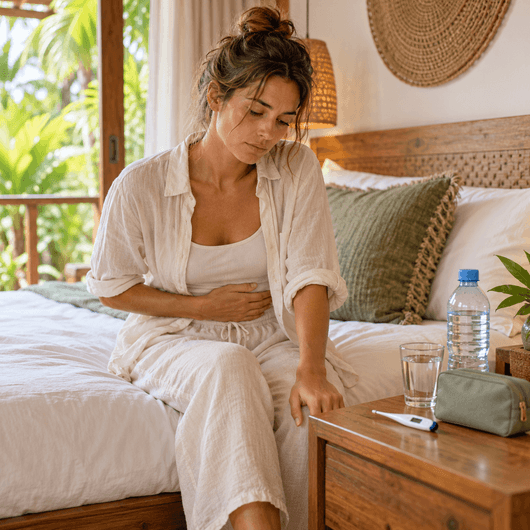 A woman sits on the edge of a bed holding her stomach and looking uncomfortable while traveling. A thermometer water bottle glass of water and toiletry bag sit on the bedside table.