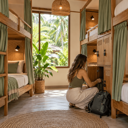 A woman stores her belongings in a lockable wooden locker inside a bright hostel dorm room. Wooden bunk beds with green privacy curtains surround the room and a large window overlooks lush tropical plants.