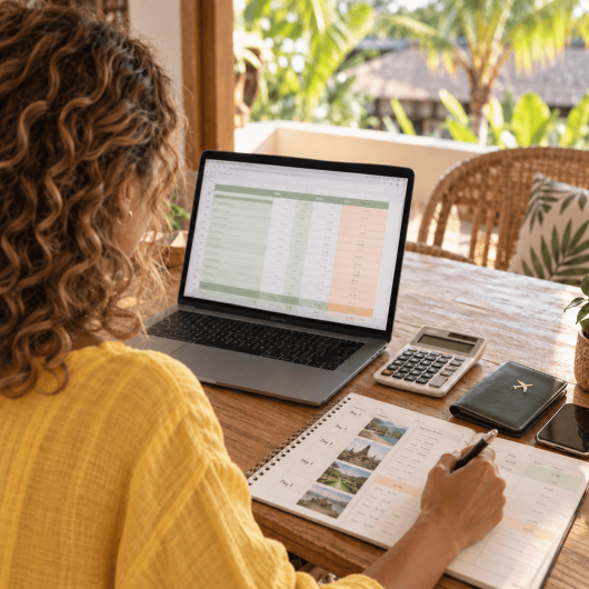 A woman plans a travel budget at a table with a laptop displaying a color coded spreadsheet and a notebook outlining a multi day itinerary. A calculator passport and phone sit nearby as she compares costs and organizes trip expenses.