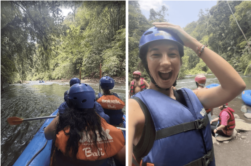 Split photo from an Ayung River white water rafting trip. The left side shows rafters in blue helmets paddling through a jungle lined river while the right side shows a smiling woman in a blue helmet and life jacket taking a selfie beside the water.